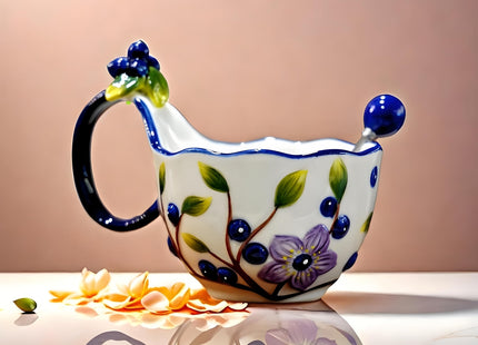 17.64 Oz Microwave Safe Soup Bowl with Loop Handle, Hand Painted Relief Blueberry Decor Mug Big Handle, Ceramic Soup Bowl with Spoon Set for Holding Fruits Cereal Snack, Milk,Ice Cream,Olive and Salsa