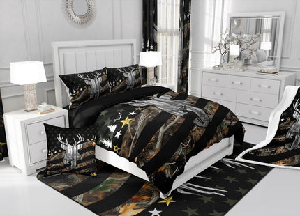 Deer Hunting Bedding Camo Antlers Bedding Comforter Sets for Boys Teens Youth Men Camouflage American Flag Comforter Set Wildlife Elk Moose Duvet Insert White Black Bedroom Decor 2 Pcs, Twin Size