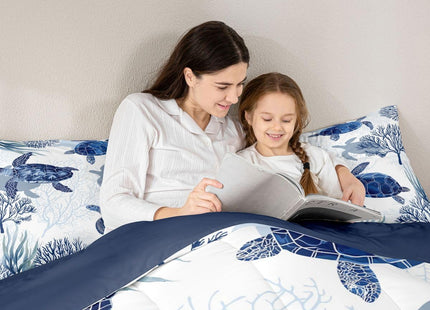 Erosebridal Turtle Comforter Set Twin White Blue Sea Turtle Bedding Set for Kids,Reptile Coastal Tortoise Quilt Hawaiian Ocean Beach Theme Comforter for Boys Girls Room