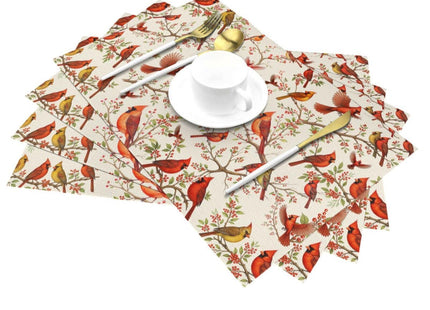 Red Cardinal Linen Placemats Set of 4, Washable Non-Slip Heat-Resistant Bird Berry Printed Table Mats for Kitchen Dining Table, Gift for Bird Lovers, Nature & Christmas Enthusiasts, Kitchen Home Decor