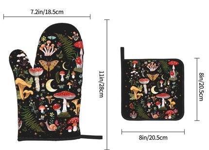 Black Mushroom Oven Mitts and Pot Holders Sets of 3 Witchy Hot Pads