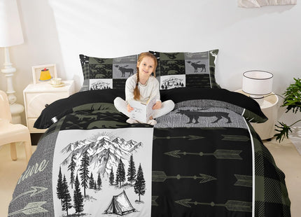 Hunting Rustic Lodge Bedding Set Twin, Deer Bear Patchwork Duvet Cover Retro Cabin Lodge Comforter Cover For Kids Teens Adult Men, Camping Moose Elk Quilt Cover With 2 Pillow Cases, Grey Black