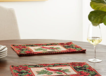 Violet Linen Seasonal Xmas Christmas Holiday Tapestry Pattern, Polyester Tapestry Jacquard, Cardinal Birds, 12 Inch by 18 Inch, Rectangle, Set of 4, Decorative Place Mats