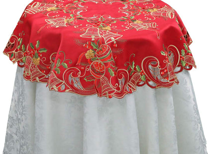 Creative Linens Holiday Christmas Tablecloth 33" Round Embroidered Bell Ornament Pinecone Winter Table Topper Red Gold
