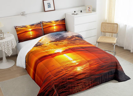Manfei Sea Sunset Comforter Set Queen Size, Ocean Natural Landscape Bedding Set 3pcs for Kids Boys Girls Room Decor, Ocean Theme Down Comforter with 2 Pillowcases, No Sheets