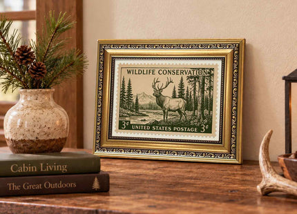 Framed Retro Hunting Wall Art Wild Stamp Wall Decor Forest Deer Canvas Art