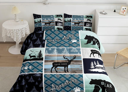 Bear Deer Comforter Set Twin Size, Hunting Wild Animal Bedding Rustic Cabin