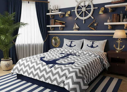 Nautical Anchor Duvet Cover Twin Size,Geometric Gray Stripe Bedding Set 2pcs for Kids Teens Adults Room Decor,Ocean Adventure Themed Comforter Cover Modern Abstract Quilt Cover,1 Pillowcase