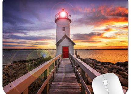 Rustic Old Wood Bridge Lighthouse Mouse Pad, Seascape At Sunset Desk Mat