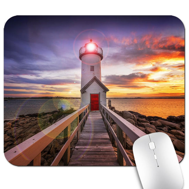 Rustic Old Wood Bridge Lighthouse Mouse Pad, Seascape At Sunset Desk Mat