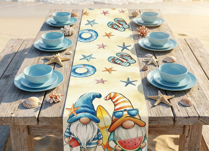 Beach Gnome Table Runner, Summer Coastal Seashell Decor, 13x72 Inch
