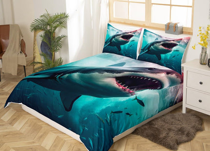 Kids Shark Bedding Set Full 3D Ocean Animal Duvet Cover for Girls,Boys,Teens 3 Pcs Hawaiian Beach Theme Bedding Underwater Children Bedspread Ocean Sea Sharks Pattern Printed on Blue Comforter Cover