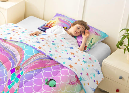 Erosebridal Mermaid Bedding Twin,Little Twin Sets for Girls,Nautical Sea Animal Comforter Set Glitter Tail Quilt,Ocean Starfish Coral Fish Duvet Insert Blue Purple Teal Kawaii Room Decor