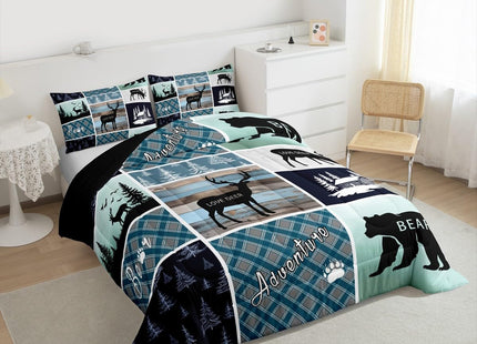 Bear Deer Comforter Set Twin Size, Hunting Wild Animal Bedding Rustic Cabin
