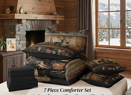 Erosebridal Rustic Cabin Bedding Sets 7 Piece Camo Hunting Deer Comforter Set Queen Farmhouse Woodland Animal Bed in A Bag for Kids Boys Teen Men,Tree Camouflage Wildlife Sheet Set with Comforter