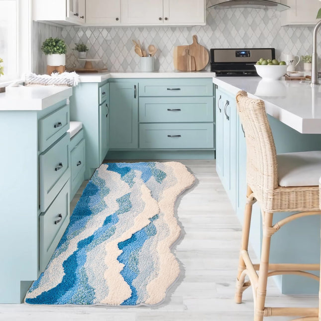 DyeFury Large Ocean Sea Wave Rug 60"x30", Beach Themed Room Decor Aesthetic, Beachy Decor for Bedroom Nursery Kitchen, Washable Blue Area Rug, Nautical Coastal Room Decor