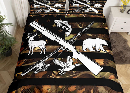 Erosebridal Hunting and Fishing Duvet Cover Wildlife Fish Duck Deer Bear Twin Bedding Sets for Boys Men,Camo American Flag Comforter Cover Rustic Trees Leaves Camouflage Bed Set with 1 Pillow Case