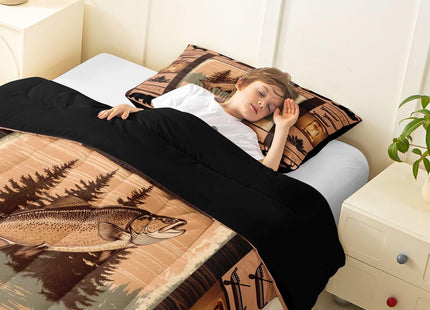 Feelyou Fish Comforter Set Kids Ocean Animals Comforter for Boys Teens Go Fishing Bedding Set Breathable Farmhouse Theme Wood Grian Brown Duvet Set King Size Quilt Set