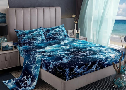 Erosebridal Blue Waves Bed Sheets Set Queen Size Ocean Sea Sheet Set Summer Theme Print Sheets Marine Water Grain Nautical Deep Pocket Top Sheet with 2 Pillow Cases