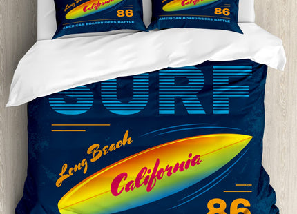 Ambesonne Surf Duvet Cover Sets, American Boardriders Long Beach Sun Standing in Ocean Waves Illustration, Bedding Set with 2 Duvet Covers & 4 Pillowcases, 2 Pack King Size, Marigold Blue