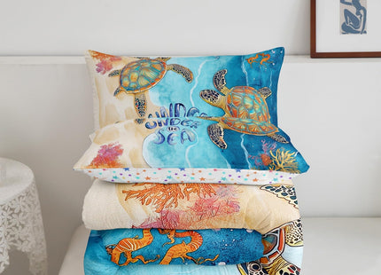 Sea Turtle Comforter Set Twin for Boys Girls Ocean Theme Bedding, Blue Marble Bedding Comforter Sets Kids Teens Sea Animal Sea Horse Crab Starfish Duvet Insert Navigation Theme Quilt 2 Pcs
