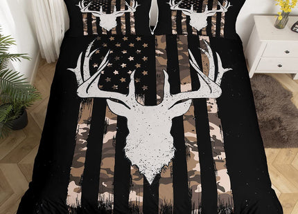 Camouflage American Flag Duvet Cover, Hunting Antler Comforter Cover Brown Black Camo Striped Bedding Set King Size for Kids Boys Teens Adult Women, Rustic Woodland Animal Bedspread Cover, Zipper