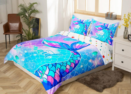 Erosebridal Mermaid Duvet Cover Kids Tail Bedding Set for Child, Blue Ocean Comforter Toddler Boys Nautical Fish Scale Bedspread Bedroom Decor Girls, 3 Pcs,King(No Insert)