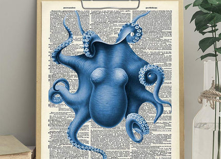 Blue Octopus Wall Art Print - 8x10 Vintage Dictionary Page, Unframed