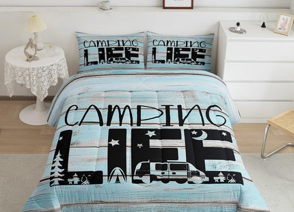 Erosebridal Camper Comforter Set Twin Rustic Farmhouse Camping Bedding Sets for Kids Boys Girls,Rv Bunk Comforter Star Moon Pine Tree Quilt Travel Trailers Accessories for Inside 1 Pillow Case Blue