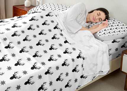 Manfei Deer Antlers Kids Sheet Queen Size,Snowflake Merry Christmas Xmas Bedding Set,Girls Boys Adults Room Decor,Rustic Farmhouse Black White Chic Bed Sheet Set 4pcs(Fitted + Flat + 2 Pillowcases)