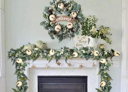 Egolot 70 Inch Fall White Pumpkin Green Leaves Garland for Front Door, Fall Green Leaves Garland with Berries Pinecone Pumpkin for Indoor Outdoor, Fall Home Decor