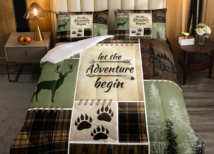 Rustic Patchwork King Size Quilt Bedding Set,Brown Plaid Check Adventure Comforter Set for Men Women Adults,Lodge Country Deer Bear Duvet Insert Retro Nordic Boho Arrow Down Comforter,3 Pieces