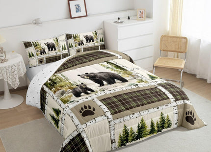 Rustic Lodge Bear Queen Comforter Set with Retro Buffalo Check Plaid Patchwork Quilt for Country Cabin Decor, Hunting Wild Animal Duvet Insert and Bedding with 2 Pillowcases
