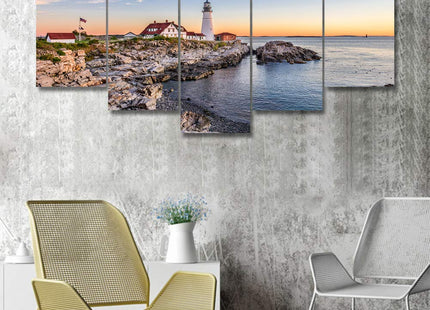 Portland Maine Bay Lighthouse Pictures for Living Room Native American Wall Art House Decorations 5 Panel Canvas, Morning Skyline Painting Home Decor Modern Artwork Framed Ready to Hang(60"Wx32"H)