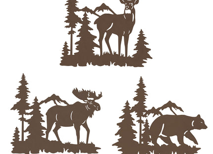 WAIU Set of 3 Brown Metal Deer Bear Moose Pine Tree Wall Decor 9.3 Inch, Rustic Cabin Indoor Outdoor Hanging Ornament
