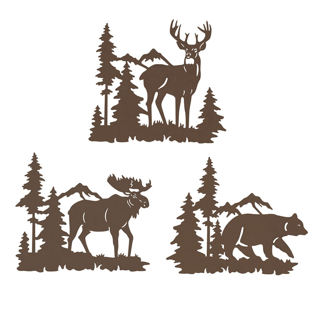 WAIU Set of 3 Brown Metal Deer Bear Moose Pine Tree Wall Decor 9.3 Inch, Rustic Cabin Indoor Outdoor Hanging Ornament