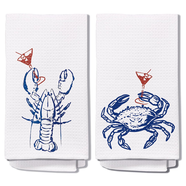 Yomisex Lobster Crab Decor Towels Set of 2, Lobste Crab Party Decorations Dish Tea Towels for Kitchen, Coastal Beach Nautical Hand Towels for Bathroom, 16x24 Inch
