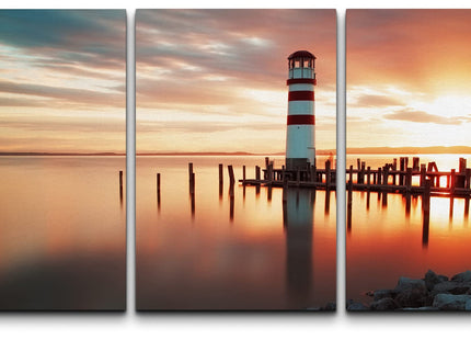 wall26 - 3 Piece Canvas Wall Art - Landscape Ocean Sunset - Lighthouse - Modern Home Art Stretched and Framed Ready to Hang - 24"x36"x3 Panels