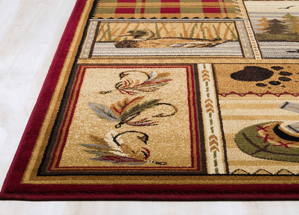 HR Cabin Rug Cabin Area Rug Modern Geometric Design Cabin Area Rug Abstract, Beige/Multicolor Design– Leafs/Nature/Kayak/Duck/Lodge by The Lake