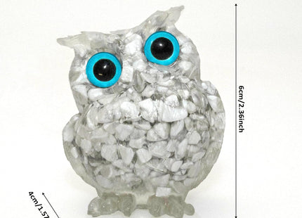PinpinPony Owl Statue, Natural Gemstones Decor for Home Office, Shelf Display Figurine, Handcrafted Unique Owl Sculpture(White)