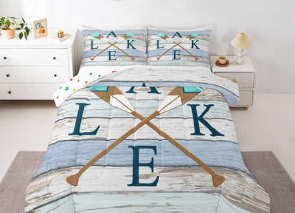 Castle Fairy Rowing Oar Comforter Set for Kids Room Decor Blue Brown Wooden Stripes Bedding Comforter Twin Size Lodge Cabin Rustic Style Soft Polyester Quilt Set with 1 Pillowcase