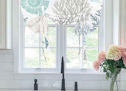 Ocean Coral Starfish Tie Up Window Shade Curtain,Nautical Coastal Shell Tie Up Curtain for Kitchen Windows,Marine Sealife Adjustable Valance Balloon Curtains,Blue Teal White Rod Pocket Panel 52x45in