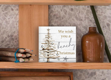 DUXMNAMG We Wish You A Beachy Christmas Wood Box Sign, Starfish Beach Desk Shelf Decor, Coastal Christmas Decor, Xmas Coastal Holiday Wooden Block Plaque Box Sign for Home Office Table Decorations
