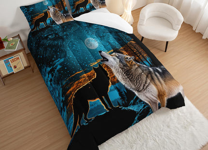 HOSIMA Wild Wolf Comforter Forest Animal Print Bedding with 2 Pillow Shams,Tree Moon Wolf Bedding Sets for Boys Kids Man Room Decor Snowy Forest Blue Queen Comforter Set.
