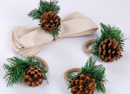 Farmhouse Pine Cone Napkin Rings Set of 4, Rustic Pinecone Napkin Ring Holders, Handmade Serviette Buckles Holder for Thanksgiving Day, Christmas, Fall Decorations (Pinecone)