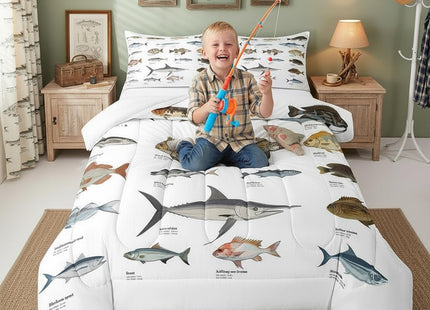 Erosebridal Bass Fish Twin Comforter Set for Boys Girls Farmhouse Fishing and Hunting Theme Bedding Set, Big Pike Fish Pattern Duvet Insert Fishing Lures Hook Quilt Bed Set Rustic Bedroom Decor