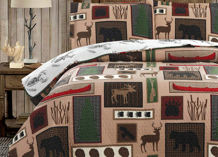 Oliven Reversible Home Rustic Bedding Lodge Moose Bear Quilt Set King Size,3 Pcs Lightweight Cabin Bedspread Bear Paw Eagle Elk Printed Bed Cover All Season Coverlet Bed Set with King Pillow Shams