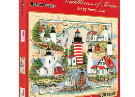 Heritage Puzzle Lighthouses of Maine Jigsaw Puzzles for Adults 550 Pieces, 24"" x 18"" - Coastal Landmark Collage with Nautical Chartmap - Scenic Lighthouse Art by Donna Elias Made in U.S.A.