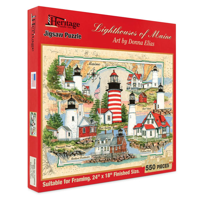 Heritage Puzzle Lighthouses of Maine Jigsaw Puzzles for Adults 550 Pieces, 24"" x 18"" - Coastal Landmark Collage with Nautical Chartmap - Scenic Lighthouse Art by Donna Elias Made in U.S.A.