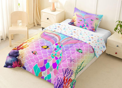 Erosebridal Mermaid Bedding Twin,Little Twin Sets for Girls,Nautical Sea Animal Comforter Set Glitter Tail Quilt,Ocean Starfish Coral Fish Duvet Insert Blue Purple Teal Kawaii Room Decor